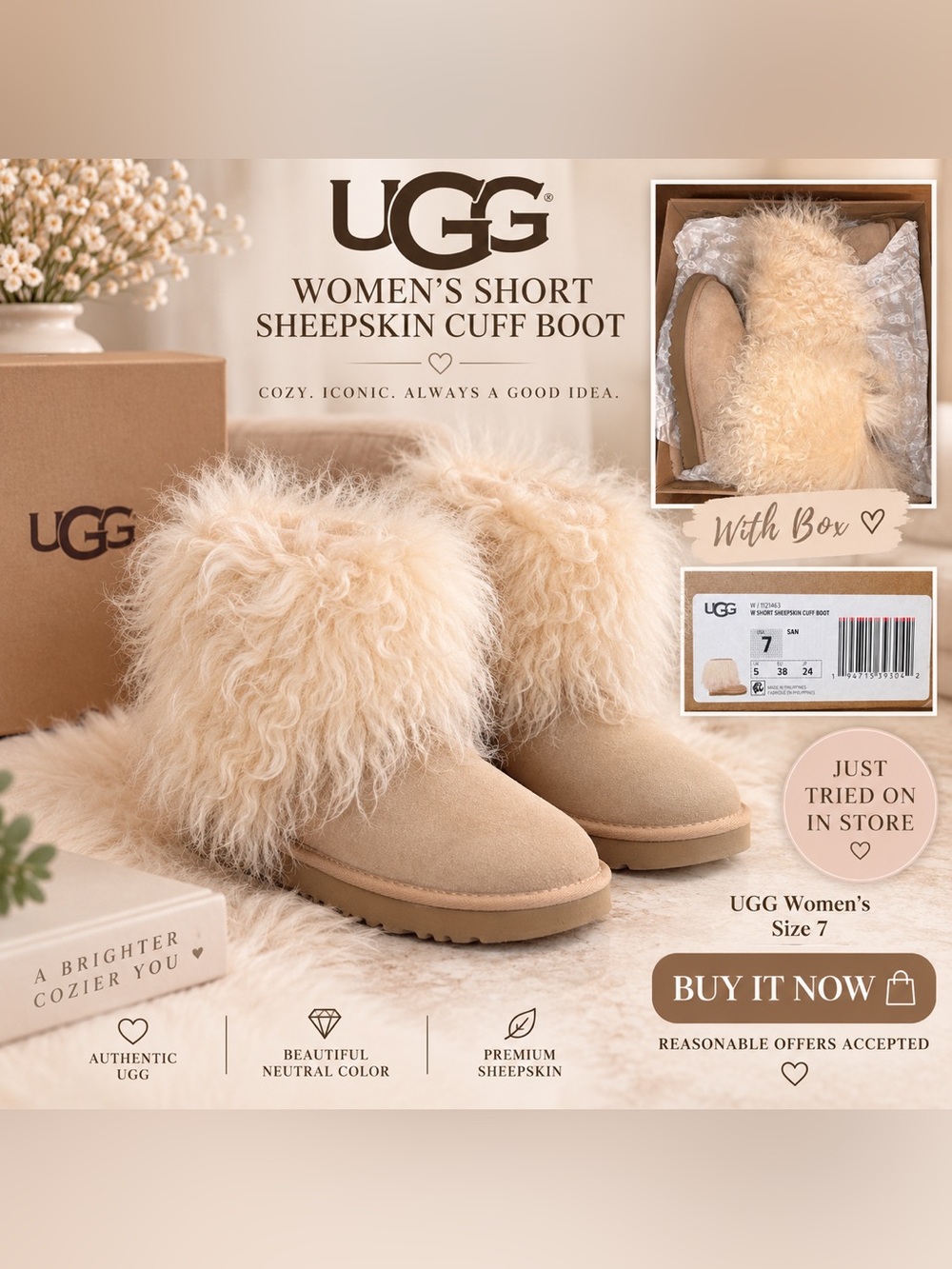 UGG Short Sheepskin Cuff Boots Sand Women’s 7 EU 38 Rare 1121463 w/ Box